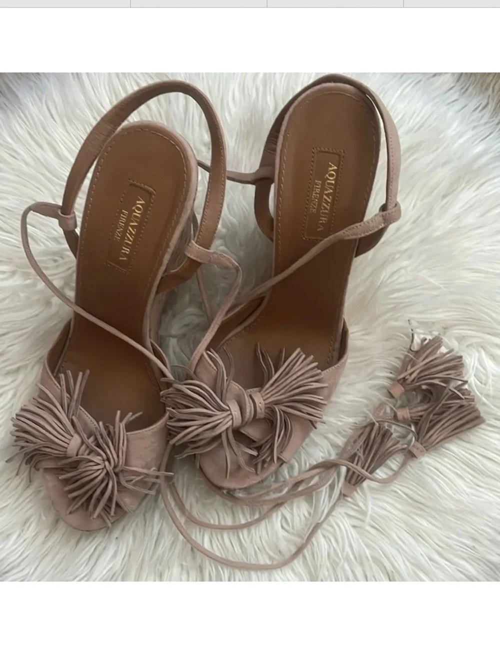 Aquazzura Nude Pink Tassel Tie Cork Wedge Sandals